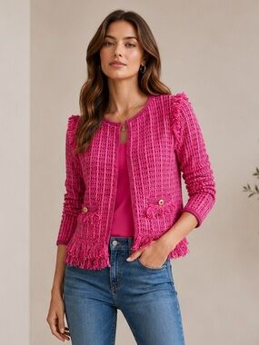 LILLY PULITZER Hot Pink Tweed Jacket Fringe Trim Gold Buttons XS